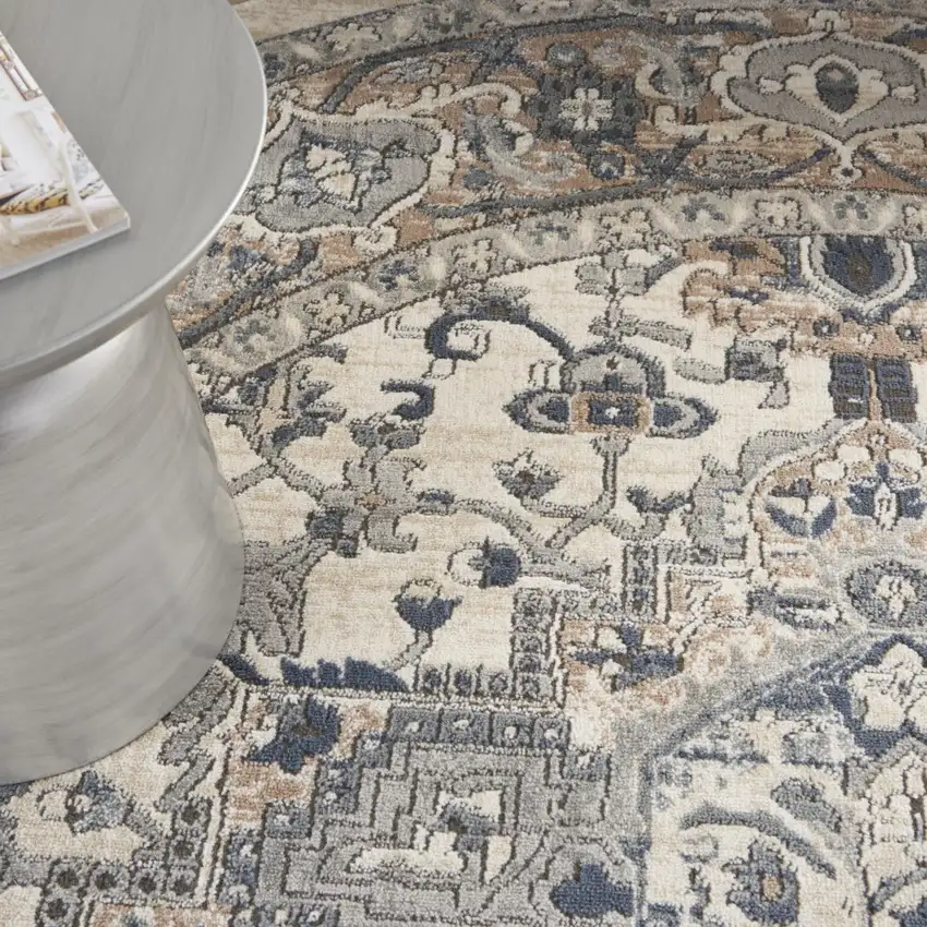 8' Ivory And Grey Round Oriental Power Loom Non Skid Area Rug Photo 8