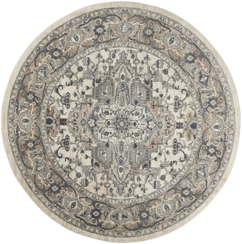 8' Ivory And Grey Round Oriental Power Loom Non Skid Area Rug Photo 4