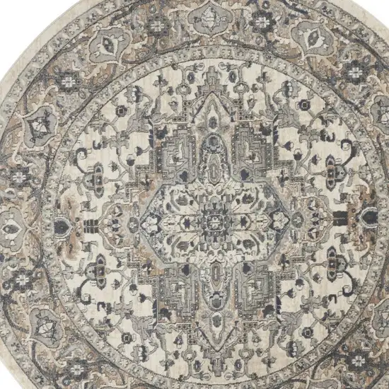 8' Ivory And Grey Round Oriental Power Loom Non Skid Area Rug Photo 3