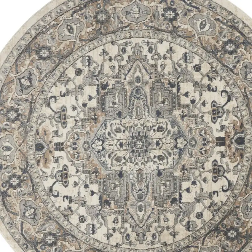 8' Ivory And Grey Round Oriental Power Loom Non Skid Area Rug Photo 3