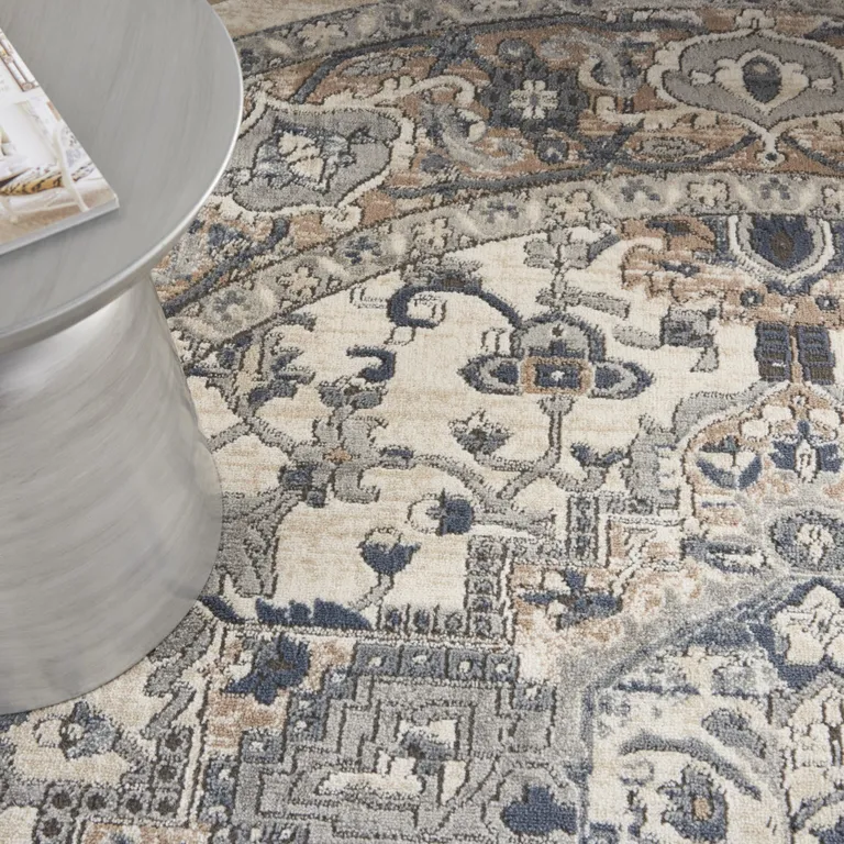 8' Ivory And Grey Round Oriental Power Loom Non Skid Area Rug Photo 5