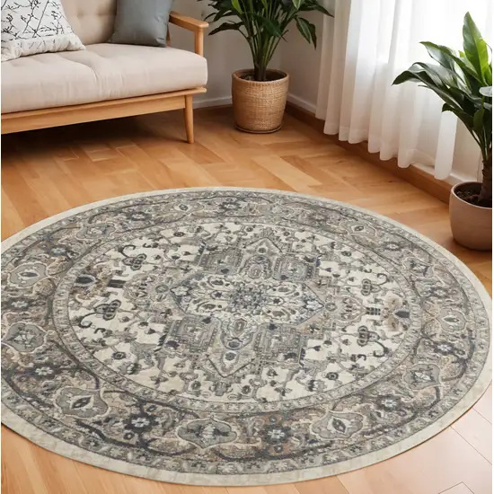 8' Ivory And Grey Round Oriental Power Loom Non Skid Area Rug Photo 1