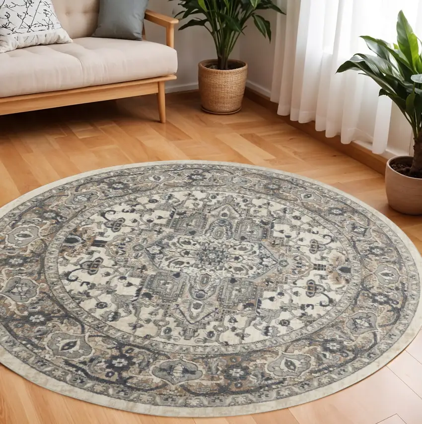 8' Ivory And Grey Round Oriental Power Loom Non Skid Area Rug Photo 1