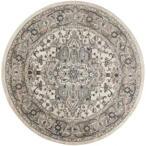 Photo of 8' Ivory And Grey Round Oriental Power Loom Non Skid Area Rug