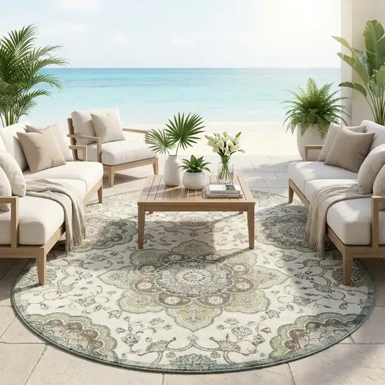 8' Ivory And Khaki Round Floral Medallion Washable Indoor Outdoor Area Rug Photo 1