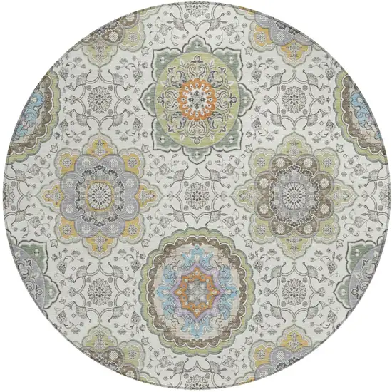 8' Ivory And Khaki Round Floral Medallion Washable Indoor Outdoor Area Rug Photo 2
