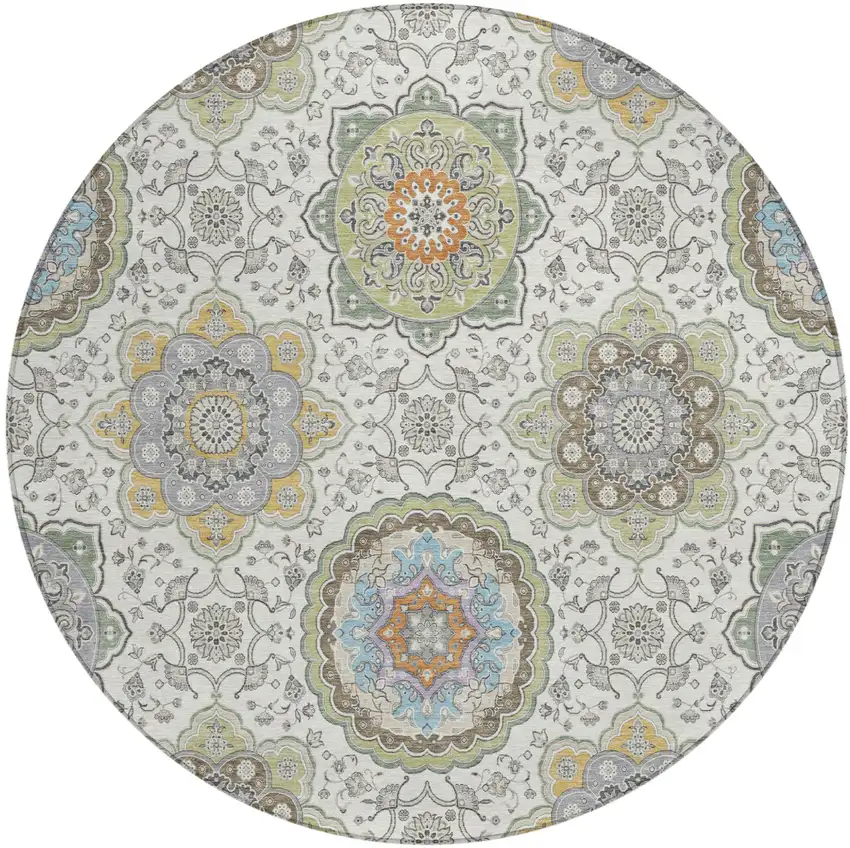 8' Ivory And Khaki Round Floral Medallion Washable Indoor Outdoor Area Rug Photo 2