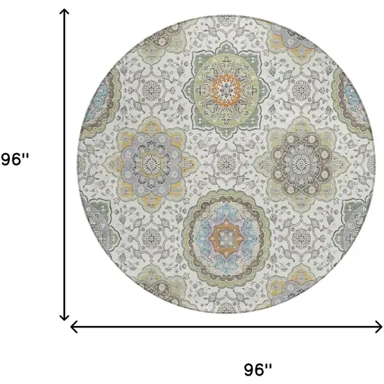 8' Ivory And Khaki Round Floral Medallion Washable Indoor Outdoor Area Rug Photo 5