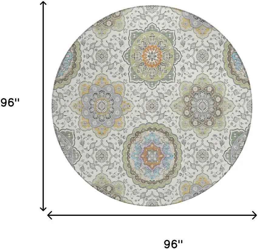 8' Ivory And Khaki Round Floral Medallion Washable Indoor Outdoor Area Rug Photo 5