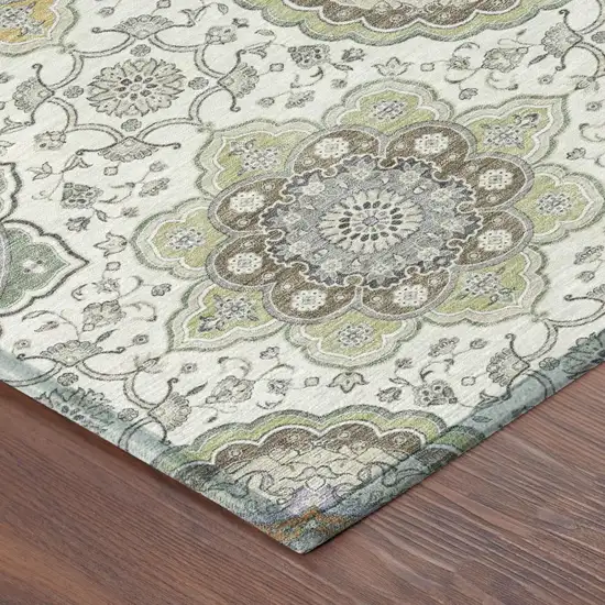 8' Ivory And Khaki Round Floral Medallion Washable Indoor Outdoor Area Rug Photo 4