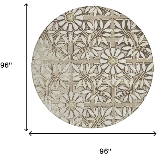 8' Ivory And Khaki Round Floral Washable Indoor Outdoor Area Rug Photo 5