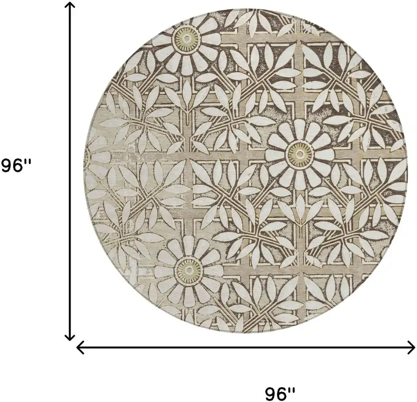 8' Ivory And Khaki Round Floral Washable Indoor Outdoor Area Rug Photo 5