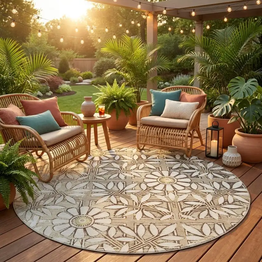 8' Ivory And Khaki Round Floral Washable Indoor Outdoor Area Rug Photo 1