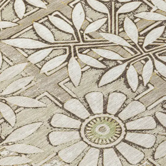 8' Ivory And Khaki Round Floral Washable Indoor Outdoor Area Rug Photo 4