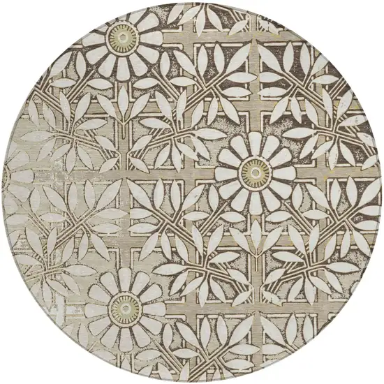 8' Ivory And Khaki Round Floral Washable Indoor Outdoor Area Rug Photo 2