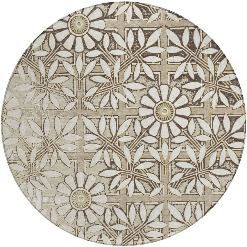 8' Ivory And Khaki Round Floral Washable Indoor Outdoor Area Rug Photo 2