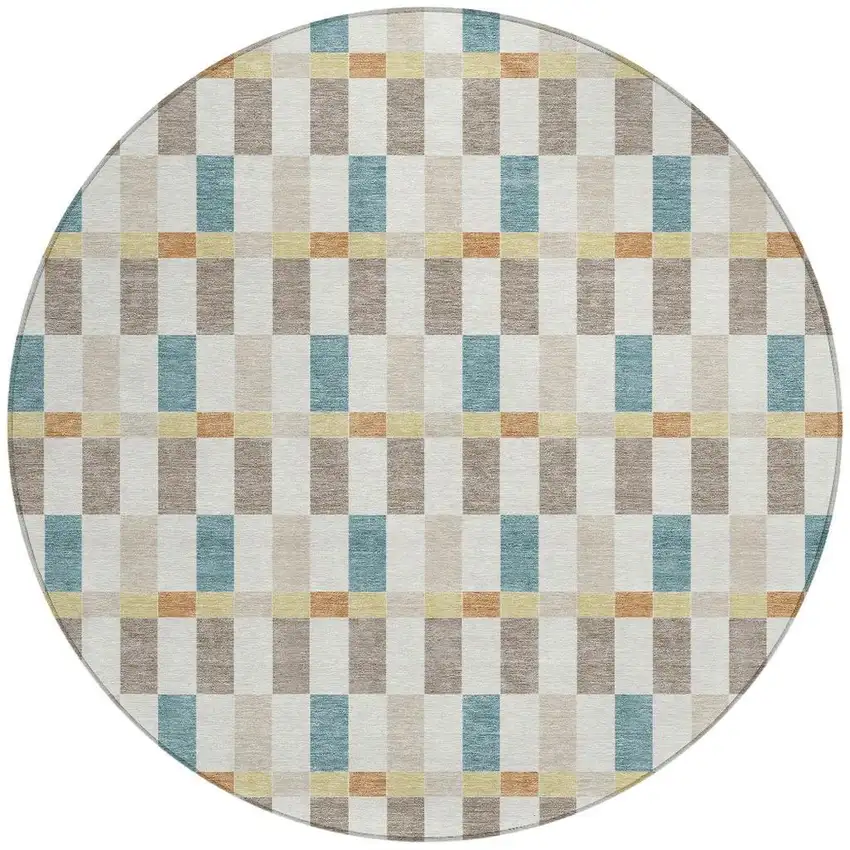 8' Ivory And Khaki Round Geometric Washable Indoor Outdoor Area Rug Photo 4