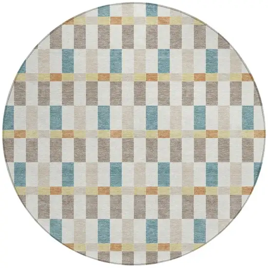 8' Ivory And Khaki Round Geometric Washable Indoor Outdoor Area Rug Photo 4