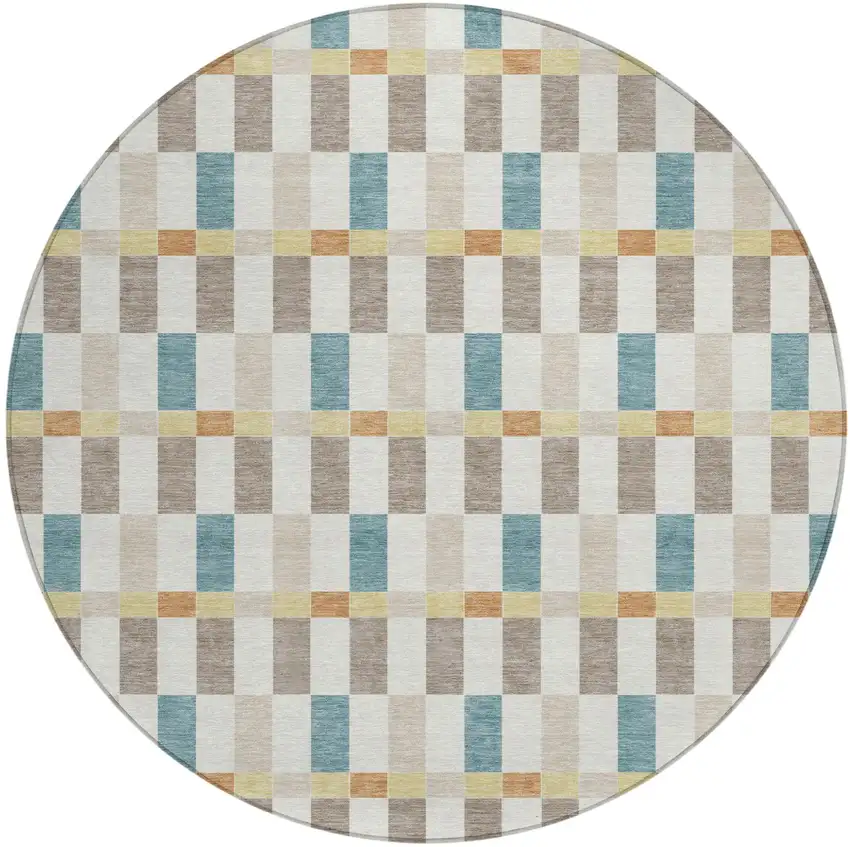 8' Ivory And Khaki Round Geometric Washable Indoor Outdoor Area Rug Photo 2