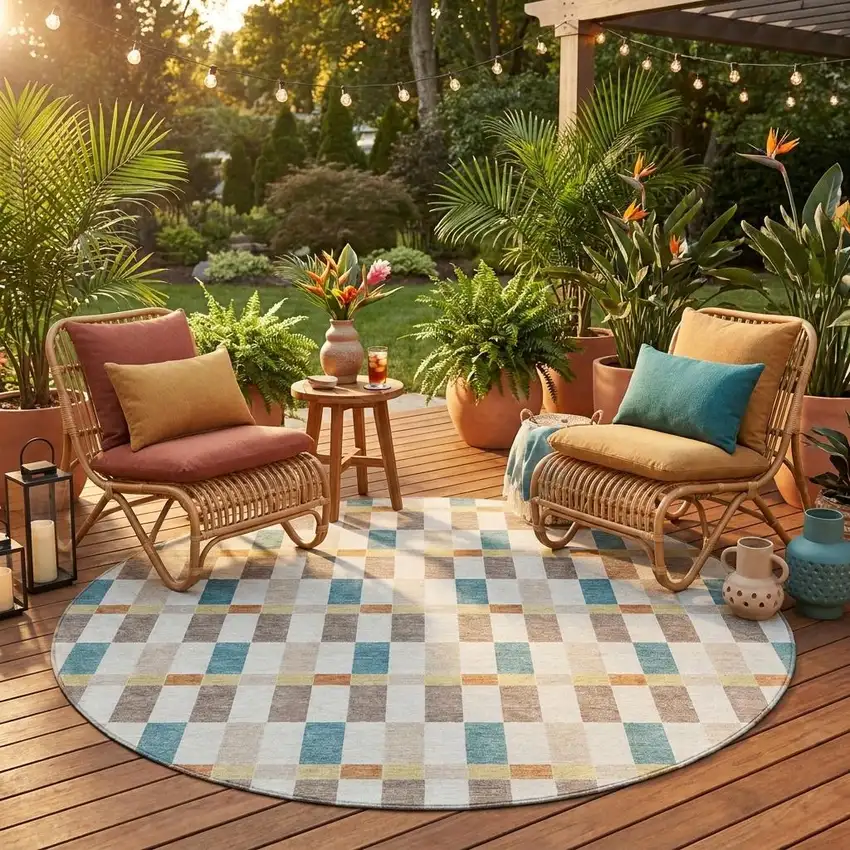 8' Ivory And Khaki Round Geometric Washable Indoor Outdoor Area Rug Photo 1