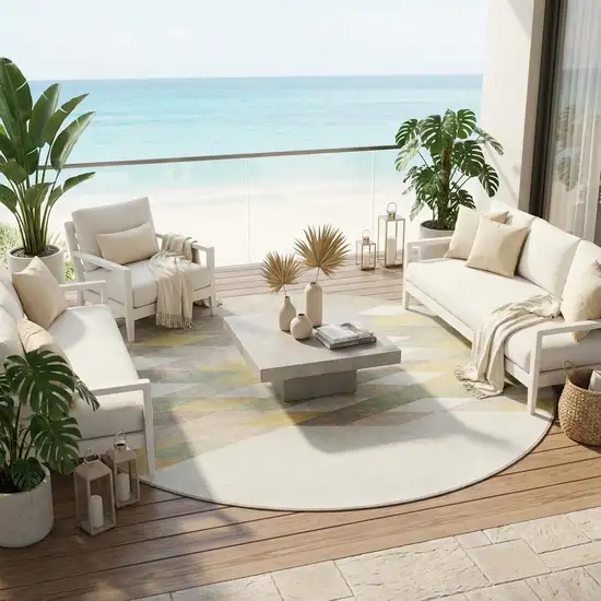8' Ivory And Khaki Round Geometric Washable Indoor Outdoor Area Rug Photo 1