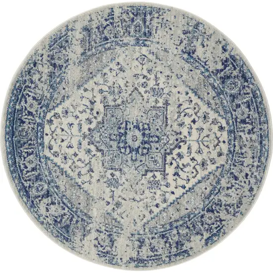 8' Ivory And Light Blue Floral Medallion Distressed Round Rug Photo 5