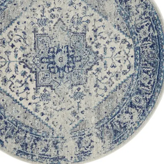 8' Ivory And Light Blue Floral Medallion Distressed Round Rug Photo 4