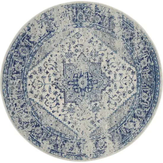 8' Ivory And Light Blue Floral Medallion Distressed Round Rug Photo 4