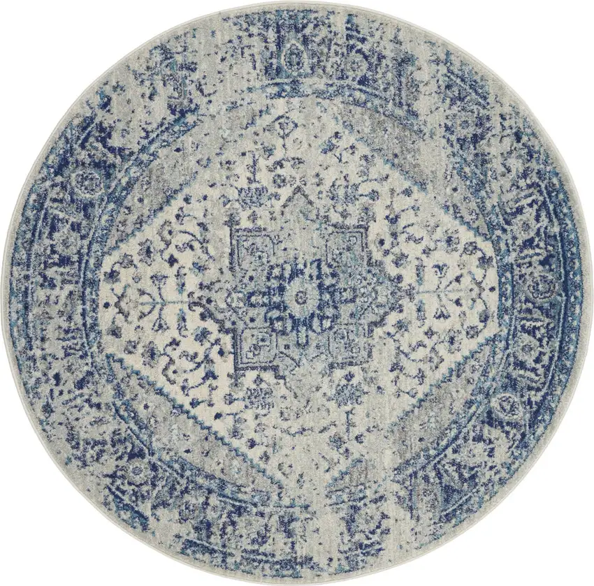8' Ivory And Light Blue Floral Medallion Distressed Round Rug Photo 4