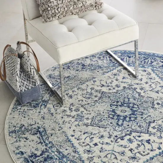 8' Ivory And Light Blue Floral Medallion Distressed Round Rug Photo 6