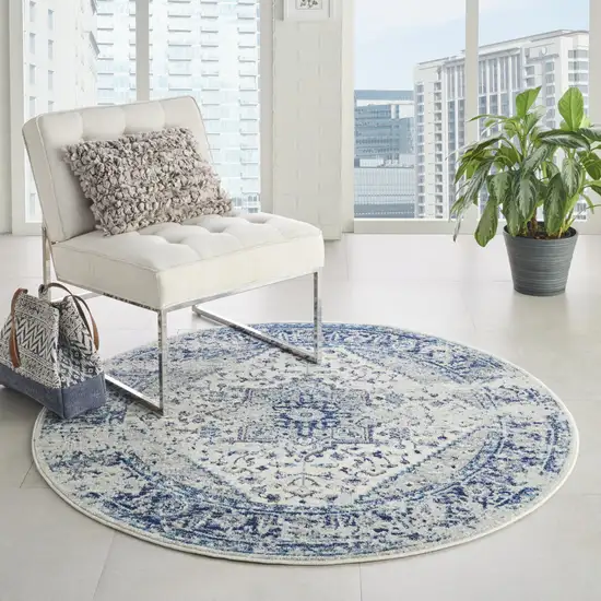 8' Ivory And Light Blue Floral Medallion Distressed Round Rug Photo 7
