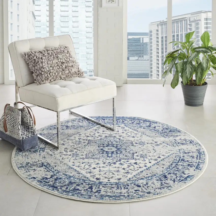 8' Ivory And Light Blue Floral Medallion Distressed Round Rug Photo 7