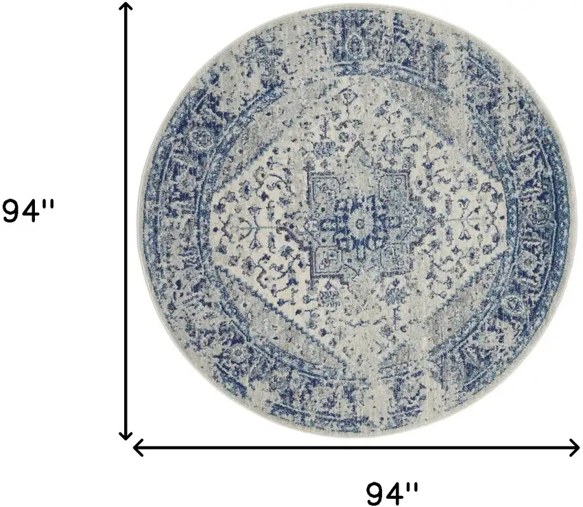 8' Ivory And Light Blue Floral Medallion Distressed Round Rug Photo 3