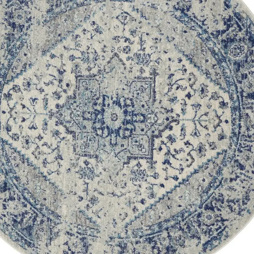 8' Ivory And Light Blue Floral Medallion Distressed Round Rug Photo 3