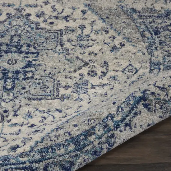 8' Ivory And Light Blue Floral Medallion Distressed Round Rug Photo 9