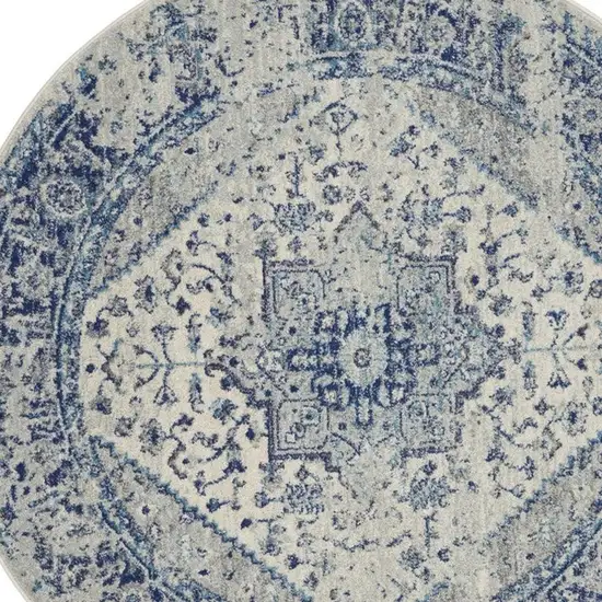 5' Ivory And Light Blue Floral Medallion Distressed Round Rug Photo 8