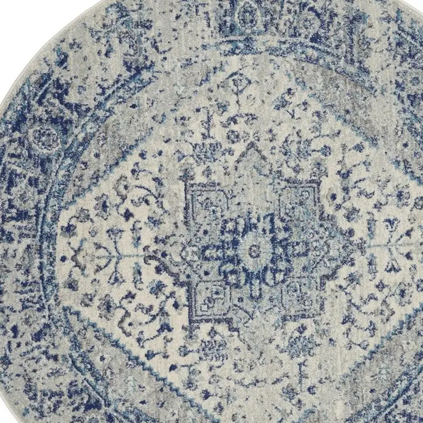 5' Ivory And Light Blue Floral Medallion Distressed Round Rug Photo 8