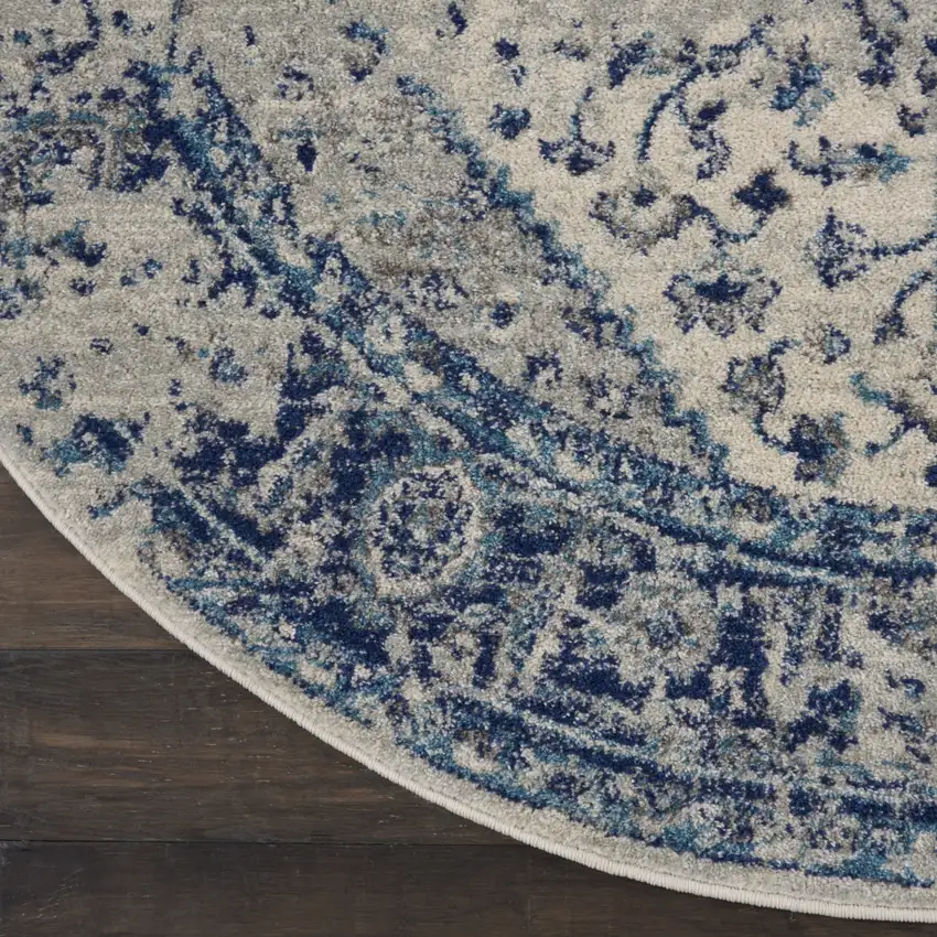 5' Ivory And Light Blue Floral Medallion Distressed Round Rug Photo 9