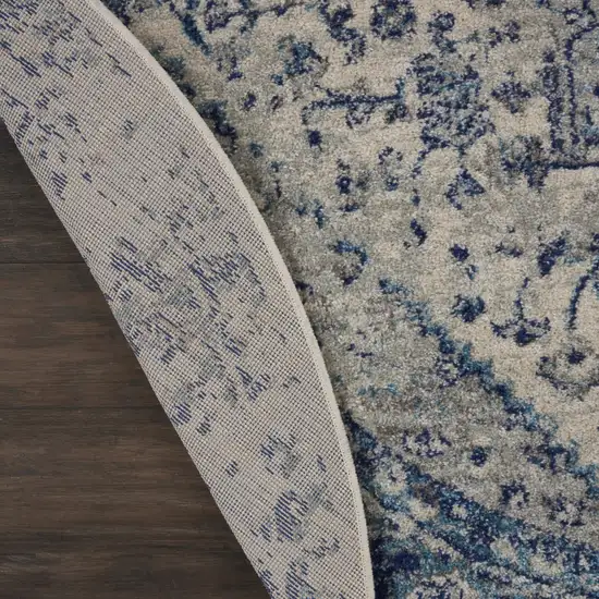 5' Ivory And Light Blue Floral Medallion Distressed Round Rug Photo 8