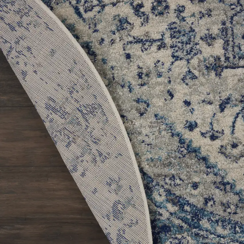 5' Ivory And Light Blue Floral Medallion Distressed Round Rug Photo 8