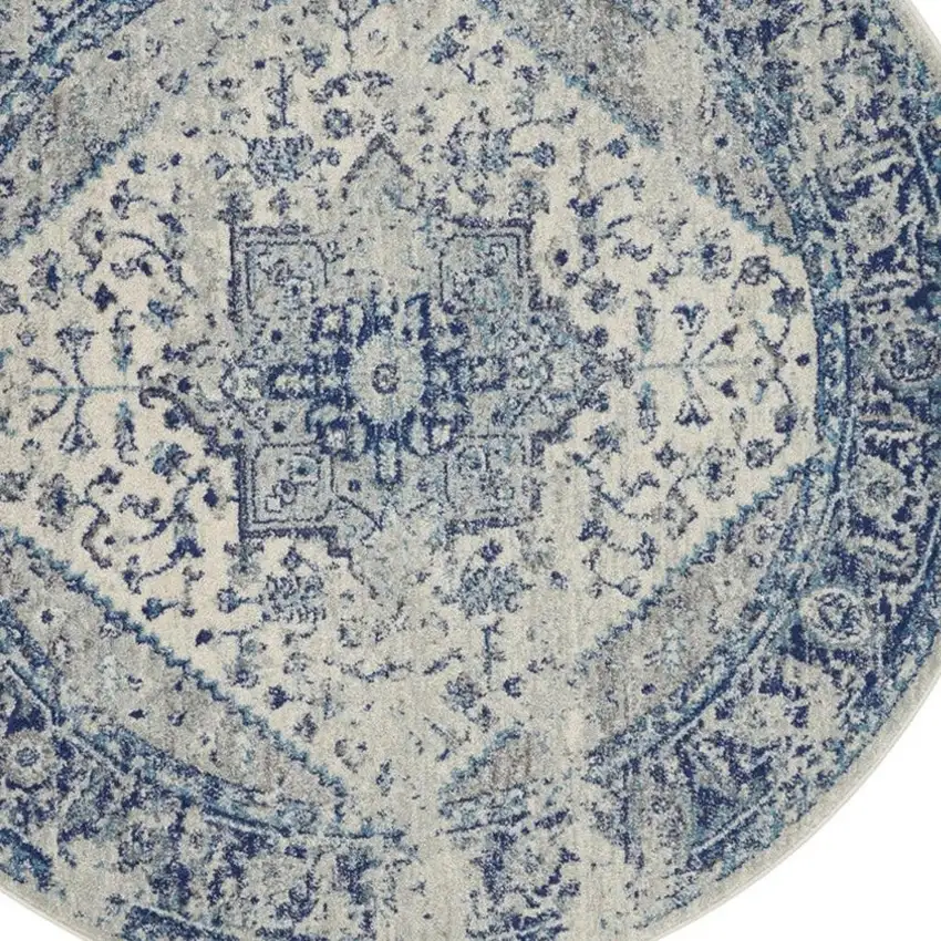 5' Ivory And Light Blue Floral Medallion Distressed Round Rug Photo 4