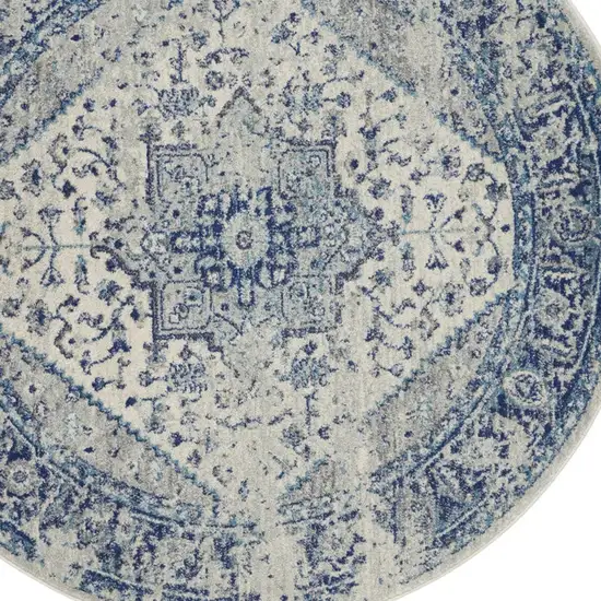 5' Ivory And Light Blue Floral Medallion Distressed Round Rug Photo 4