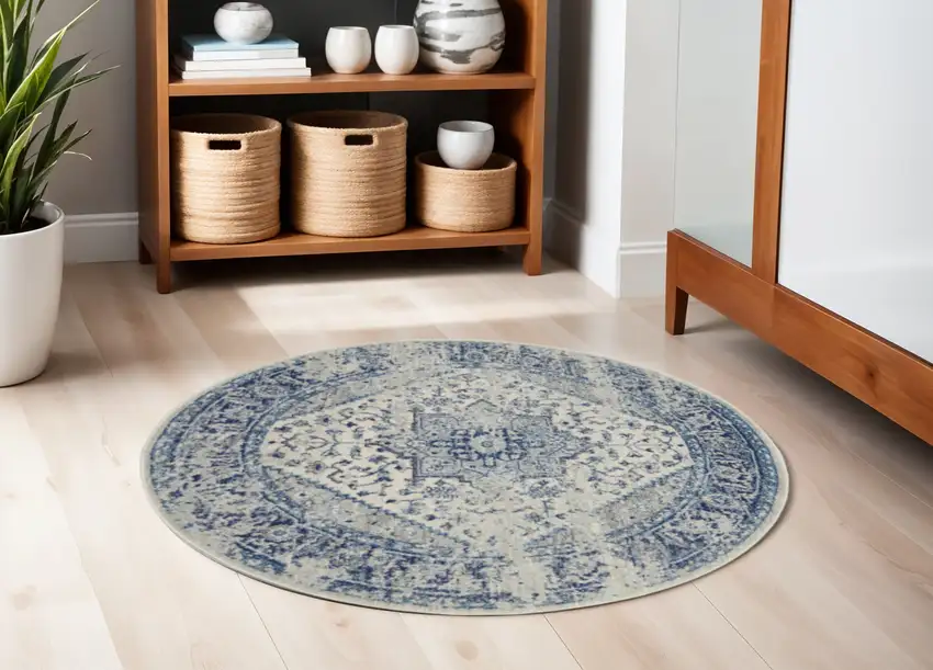 5' Ivory And Light Blue Floral Medallion Distressed Round Rug Photo 1