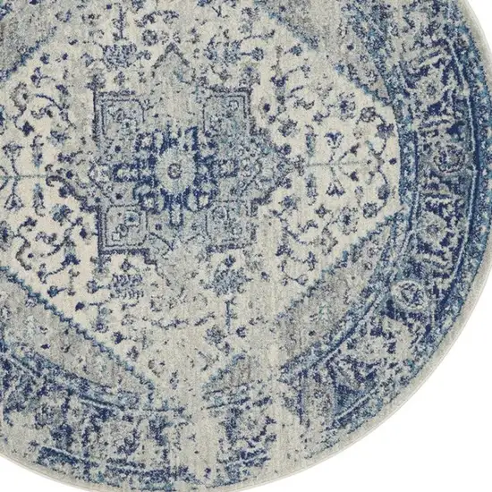 4' Ivory And Light Blue Floral Medallion Distressed Round Rug Photo 7