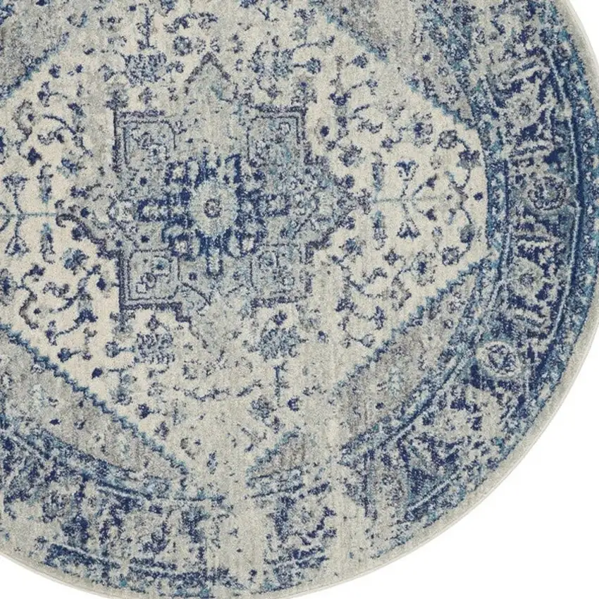 4' Ivory And Light Blue Floral Medallion Distressed Round Rug Photo 7