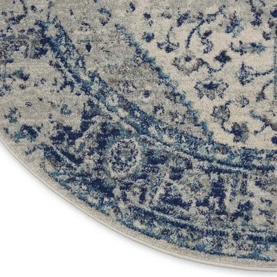 4' Ivory And Light Blue Floral Medallion Distressed Round Rug Photo 9