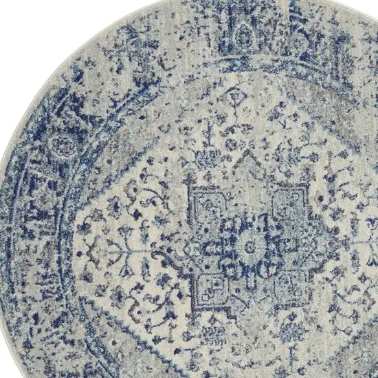 4' Ivory And Light Blue Floral Medallion Distressed Round Rug Photo 3