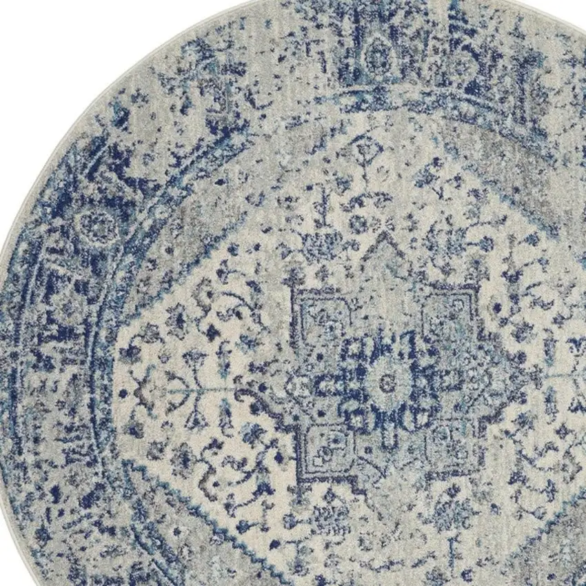 4' Ivory And Light Blue Floral Medallion Distressed Round Rug Photo 3