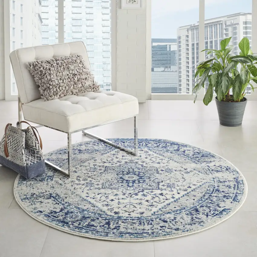 4' Ivory And Light Blue Floral Medallion Distressed Round Rug Photo 4