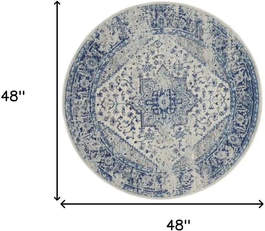 4' Ivory And Light Blue Floral Medallion Distressed Round Rug Photo 4
